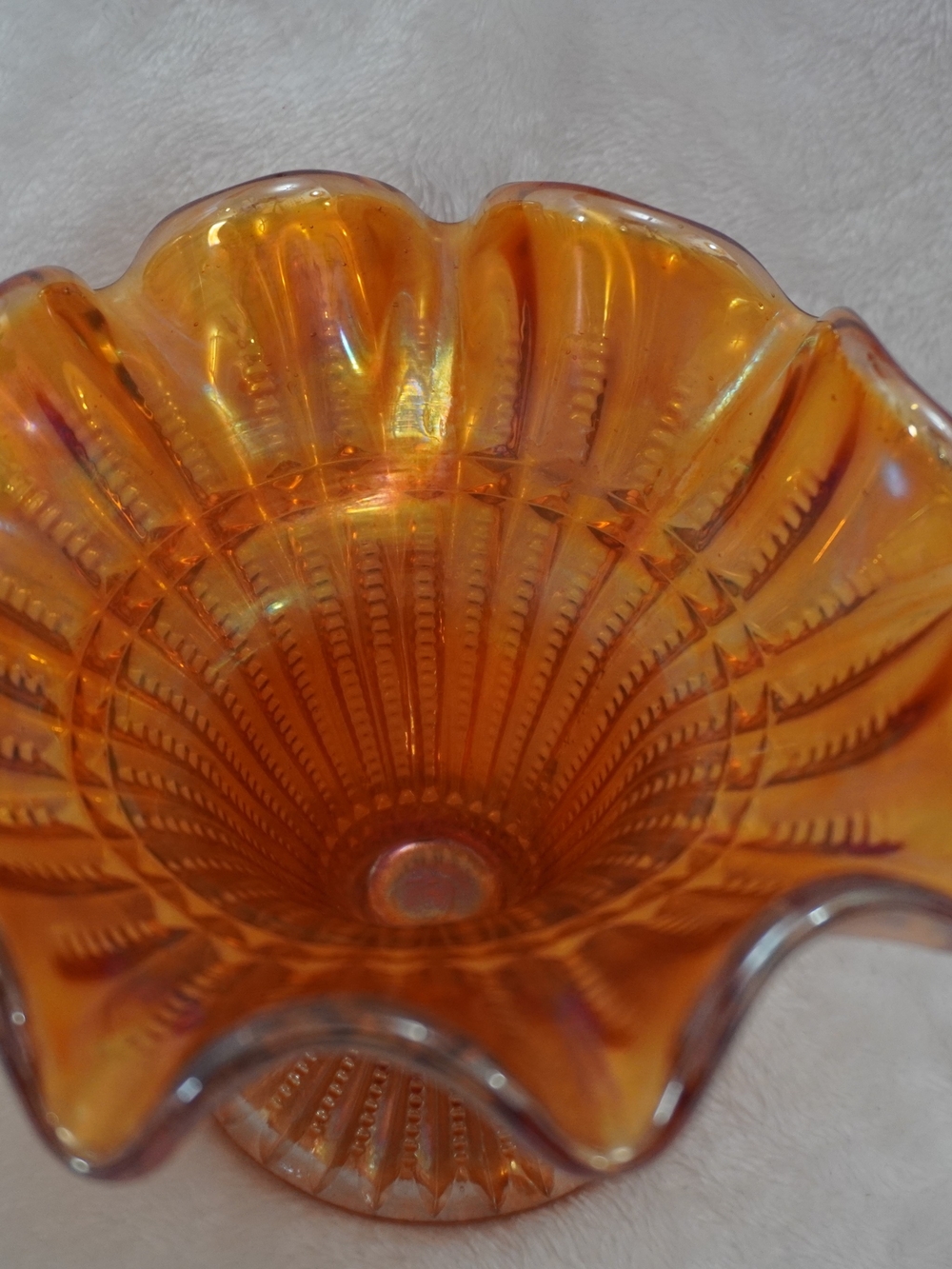Iridescent Amber Marigold Carnival Glass Pedestal Dish - Picture 4 of 7